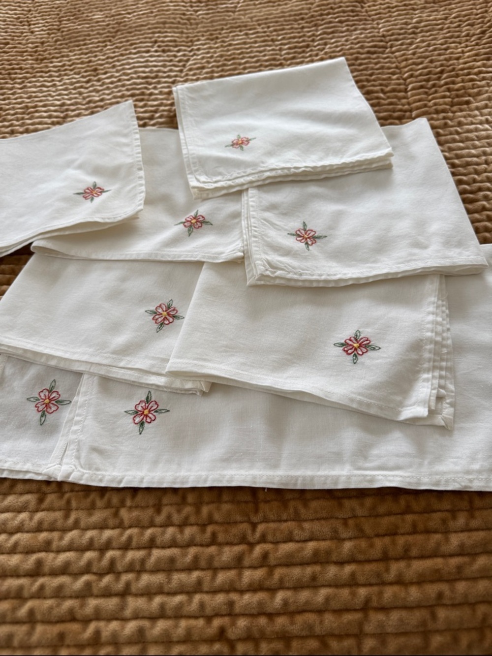 Vintage White Cotton Linen Napkins with Pink & Green Floral Embroidery
